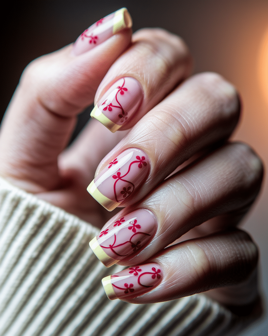 0005_2_a-close-up-photograph-captures-the-intri_S08G3yiCR0qYygFHm9vEHg_G3y_20HIQQ2R4dESzmimow Floral French Tips for Short Almond Nails: Elegant Yellow and Red Designs to Try