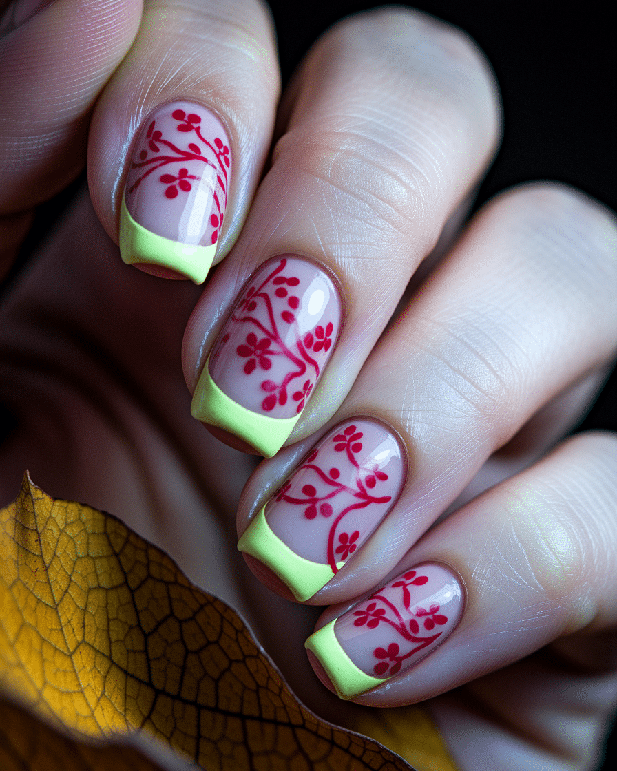 Floral French Tips for Short Almond Nails: Elegant Yellow and Red Designs to Try