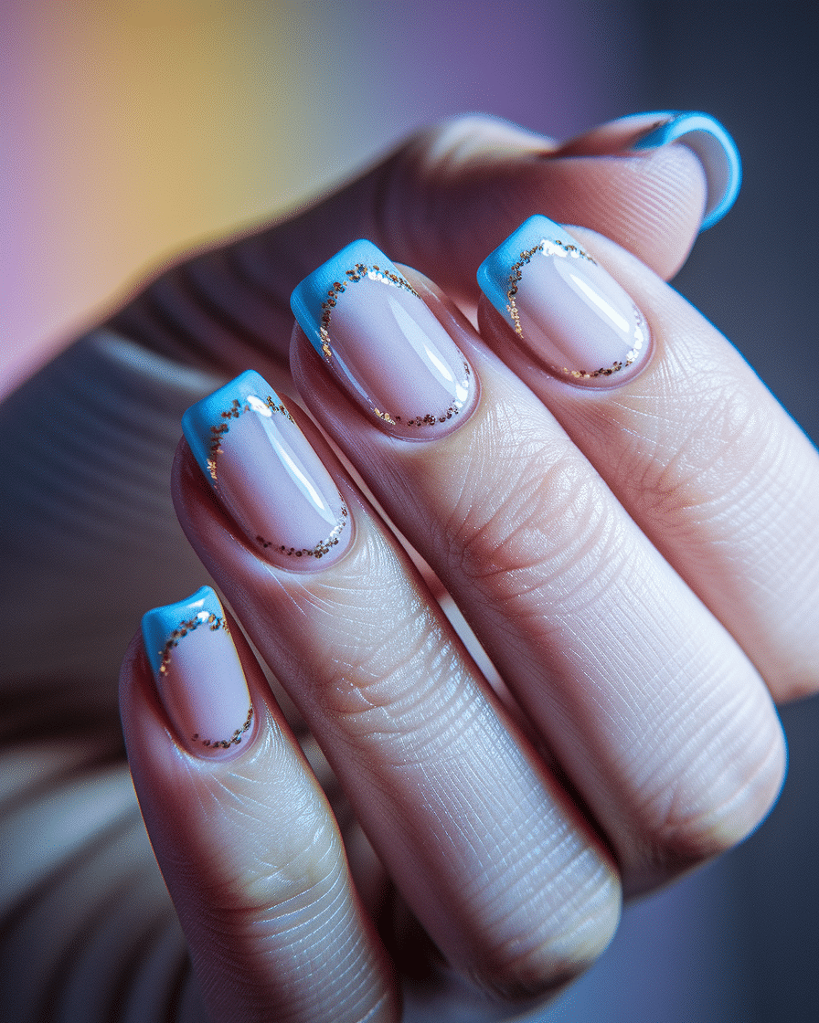 Elegant Nail Designs with Blue and Gold French Tips for a Chic Look