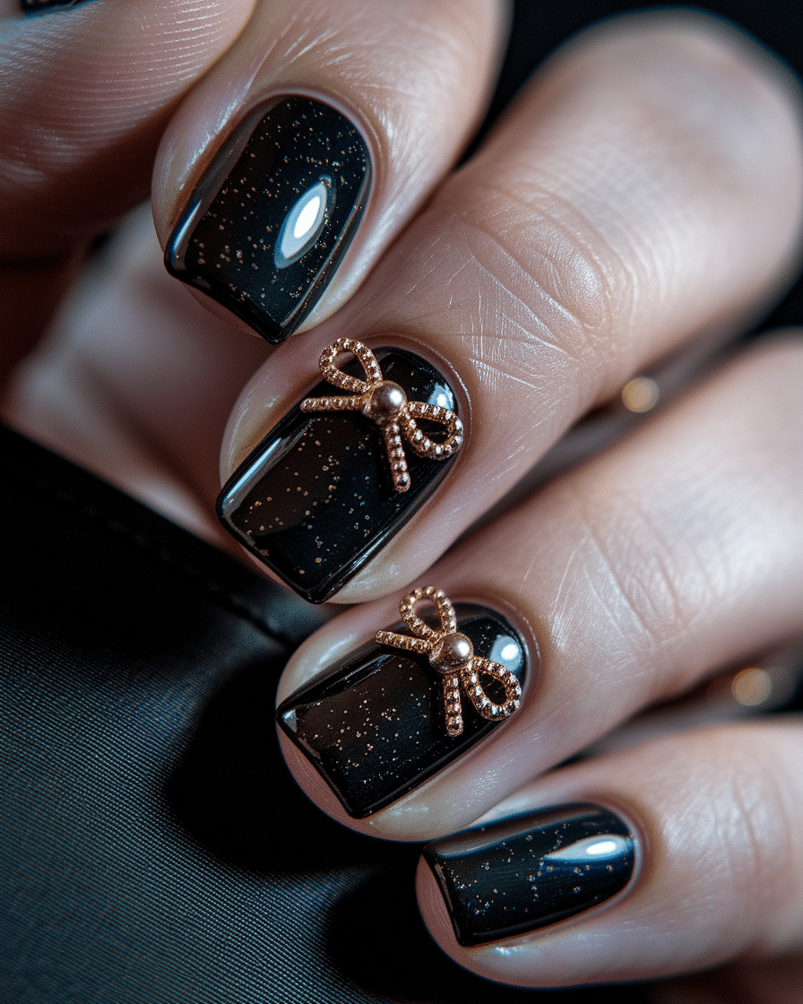 Elegant Black Nail Designs with Bows and Polka Dots for a Chic Look