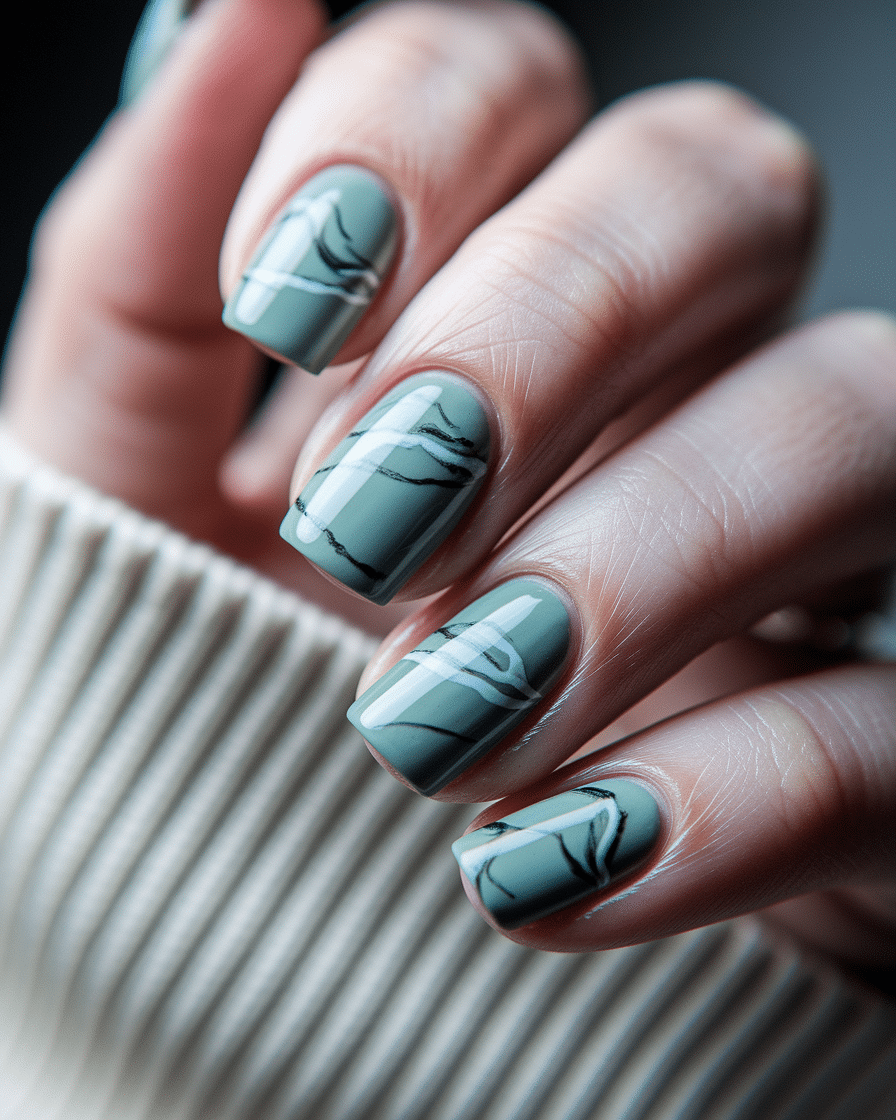 0007_2_a-close-up-photograph-captures-the-intri_TjriHv0wSD-o-ZP8ezJtPw_Y99Ea4mmRDq_7KVcvSLENQ Elegant Abstract Nail Designs with a Sage Green Twist