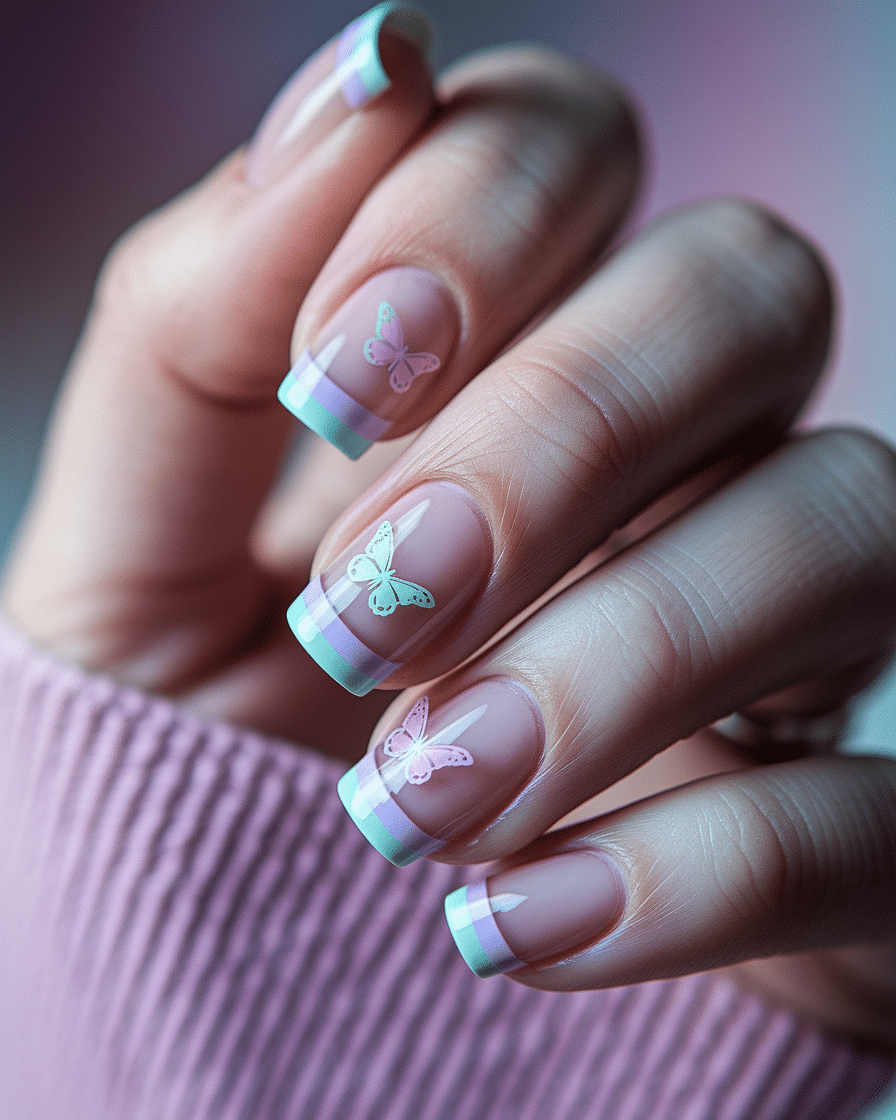 Colorful Butterfly Nail Designs with a French Tip Twist