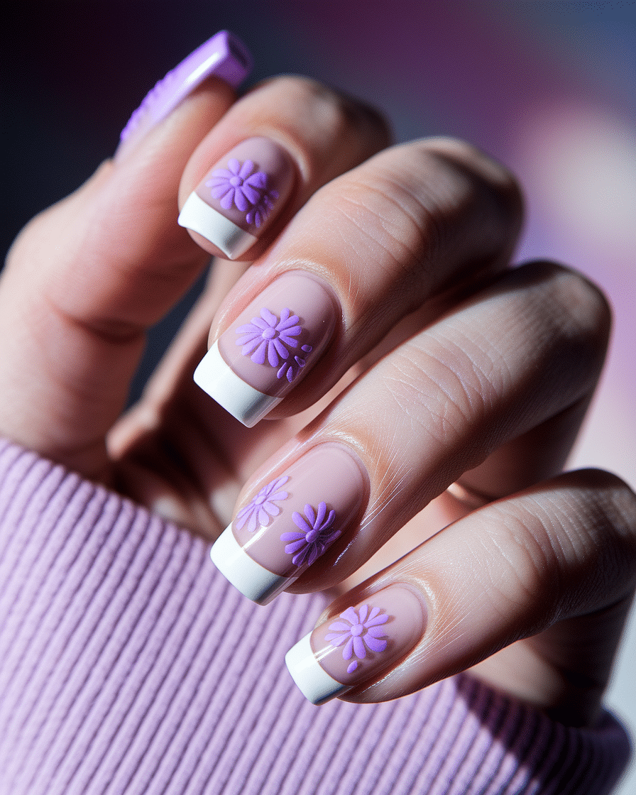 0007_2_a-close-up-photograph-of-a-hand-with-ele_Qhc2TPkrQ3CP1polHz-vgA_5VNkSVpeSPawfB3qOAs-jQ Elegant French Nail Designs with Floral and Purple Accents