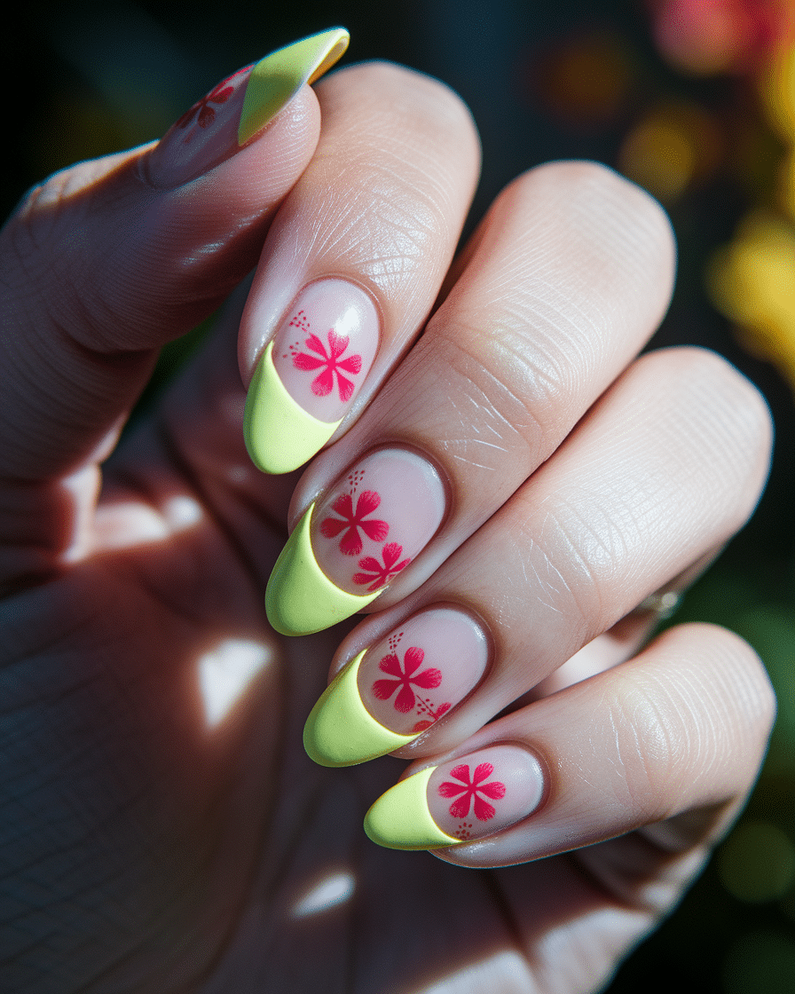 0007_3_a-close-up-photograph-of-a-hand-with-bea_WOQ8OSI3S66YLRd0Pctwmw_iRAH1gsVQsytkYftex9jhg Floral French Tips for Short Almond Nails: Elegant Yellow and Red Designs to Try