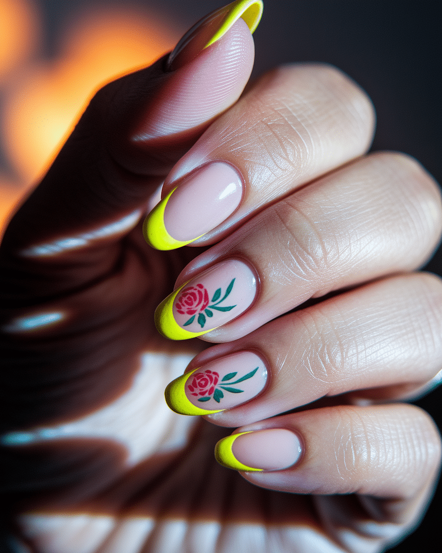 0008_3_a-close-up-photograph-captures-a-beautif_h4Tm_JZSTkGS70M84IR7yA_0qJL6sdXQaWBxGDWQ_t2eQ_cover Floral French Tips for Short Almond Nails: Elegant Yellow and Red Designs to Try