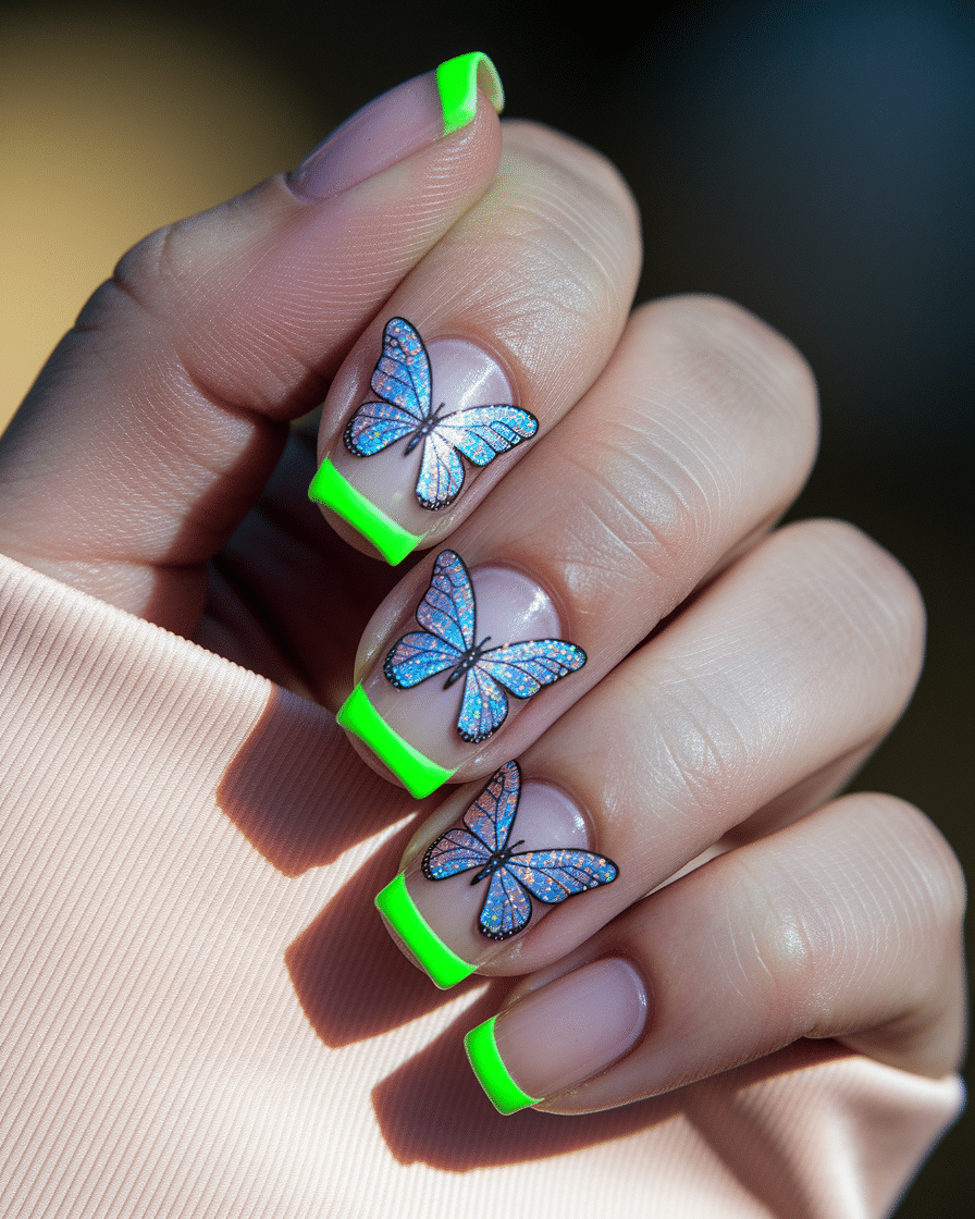 Colorful Butterfly Nail Designs with a French Tip Twist
