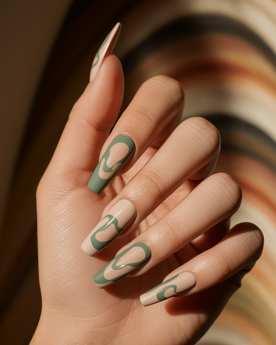 0009_2_a-close-up-photograph-of-a-gracefully-po_eg_bvoymQ6ysfZdTGayiTQ_T9-GgcDdQweob8CxRtwOYw Elegant Abstract Nail Designs with a Sage Green Twist