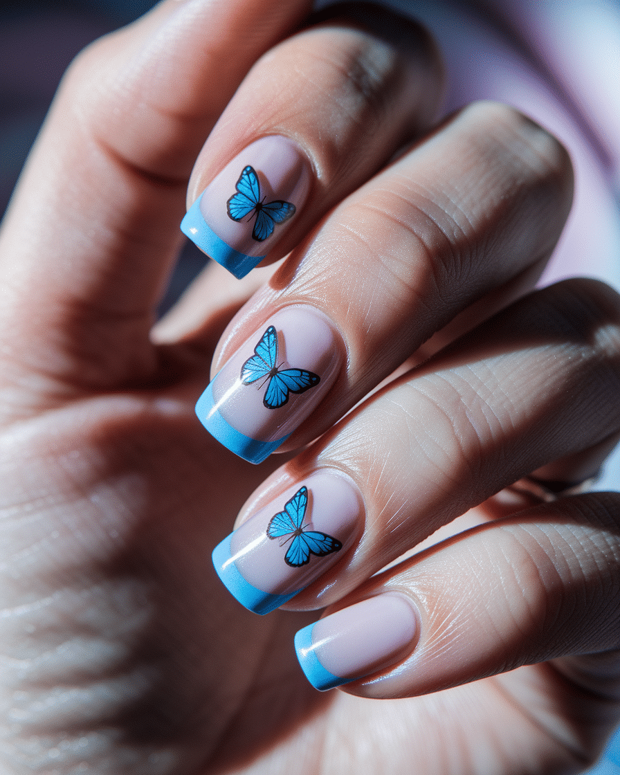 Colorful Butterfly Nail Designs with a French Tip Twist