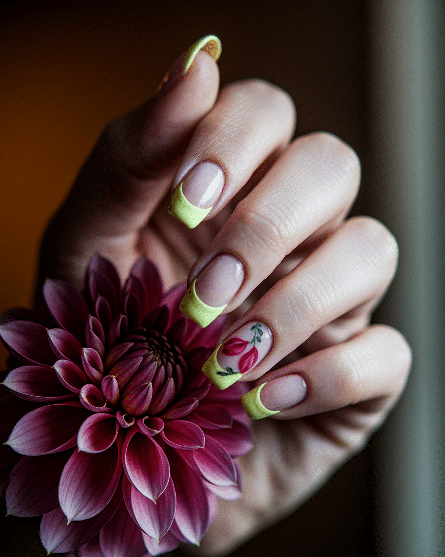 0009_2_in-a-close-up-photograph-a-hand-graceful_9iedcCQHQ6mXoSJunJiZng_ChB-8NR1Soqjh0-BmXyBUw_cover Floral French Tips for Short Almond Nails: Elegant Yellow and Red Designs to Try