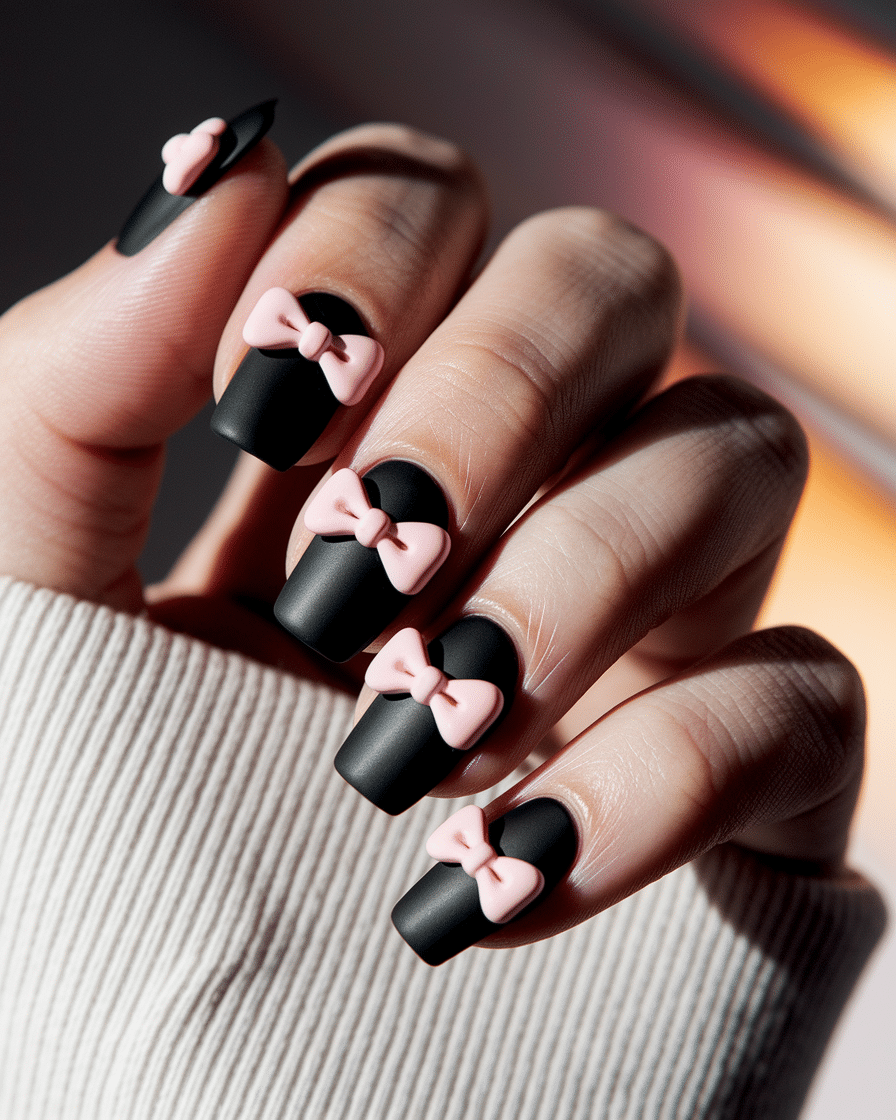 0009_3_a-close-up-photograph-captures-a-hand-wi_sFJCJzeiQ4mT-3QeqBbtdw_Rlmz1D5-RGOC8UwseOYcSw Elegant Black Nail Designs with Bows and Polka Dots for a Chic Look