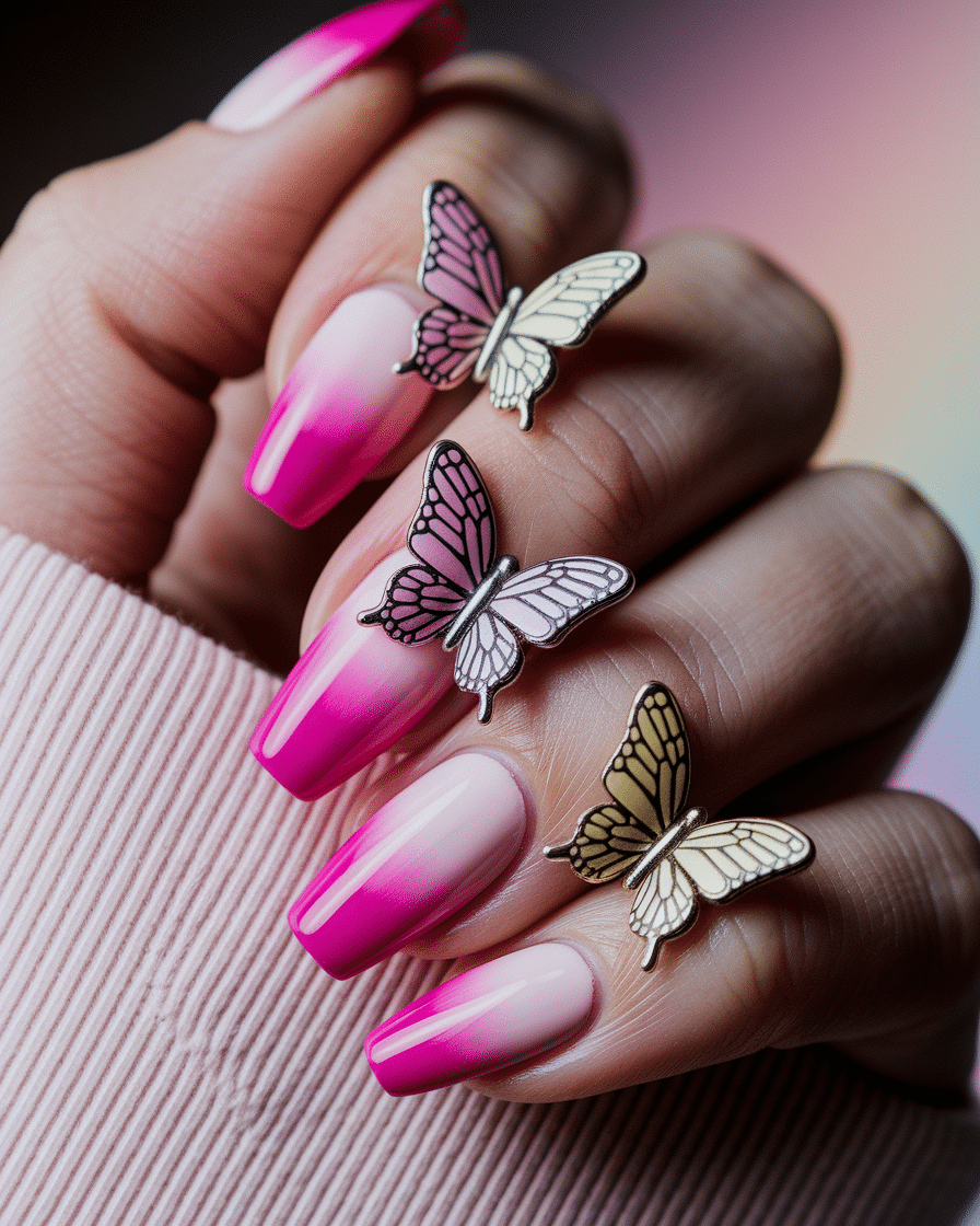 Colorful Butterfly Nail Designs with a French Tip Twist