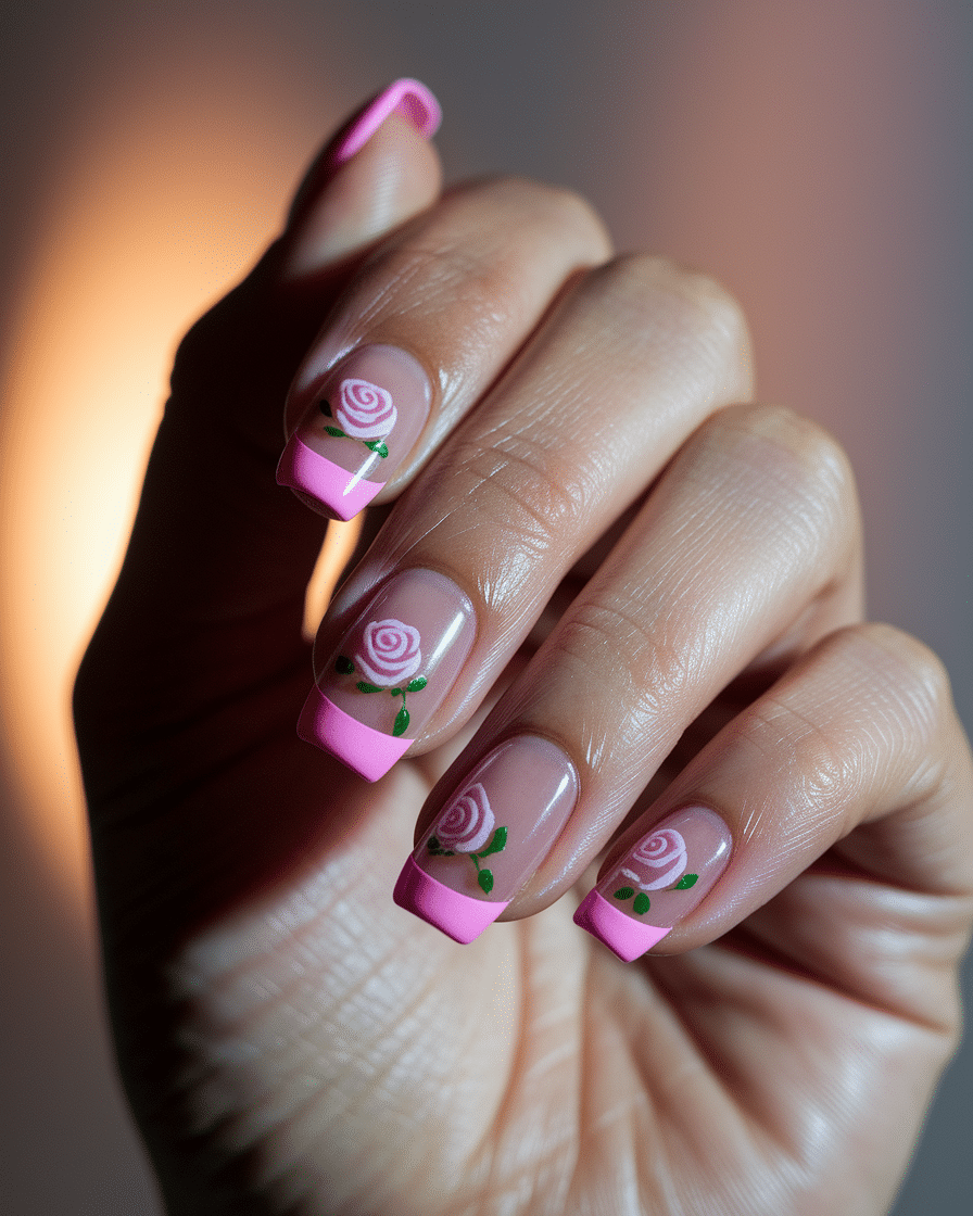 0010_2_a-close-up-photograph-of-a-beautiful-han_L3yiXAFJTxWL88CDisTimA_ftTvS4hIQM2qAvvNM1_YmA Floral French Tip Nail Designs That Blend Elegance and Playful Color