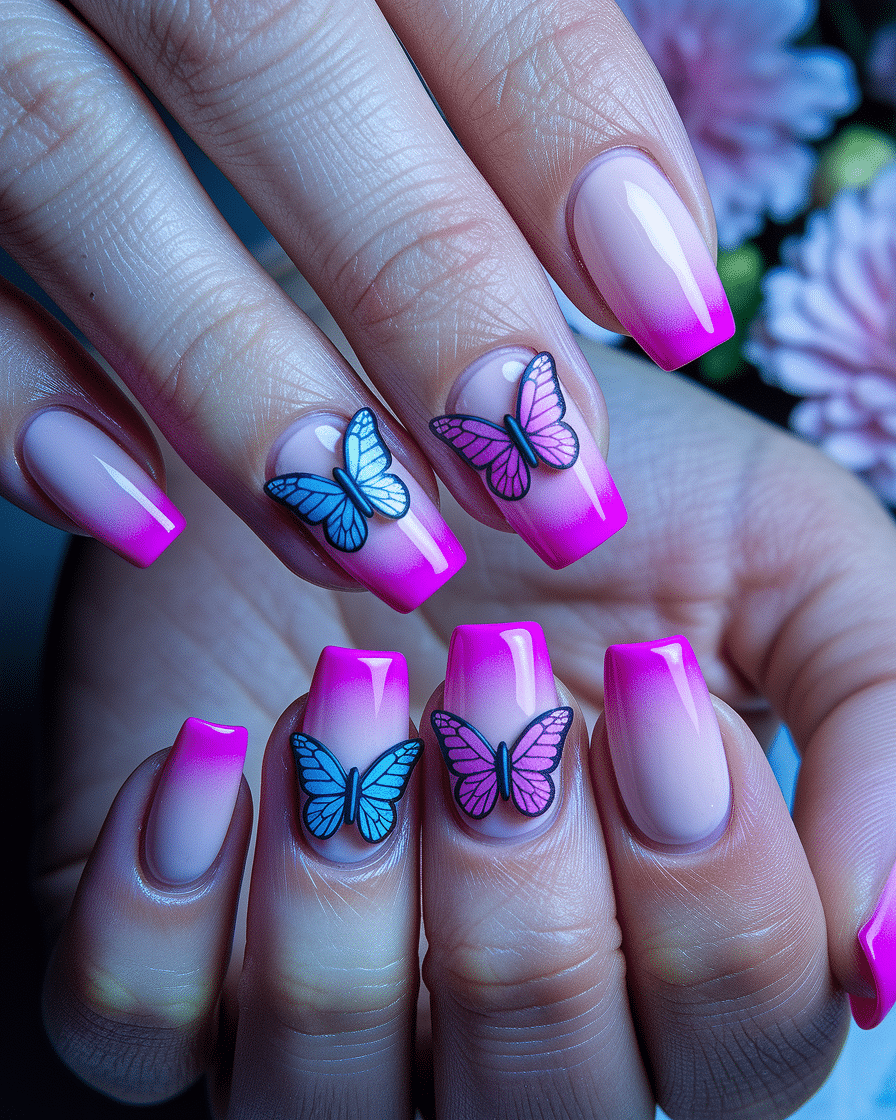 Colorful Butterfly Nail Designs with a French Tip Twist