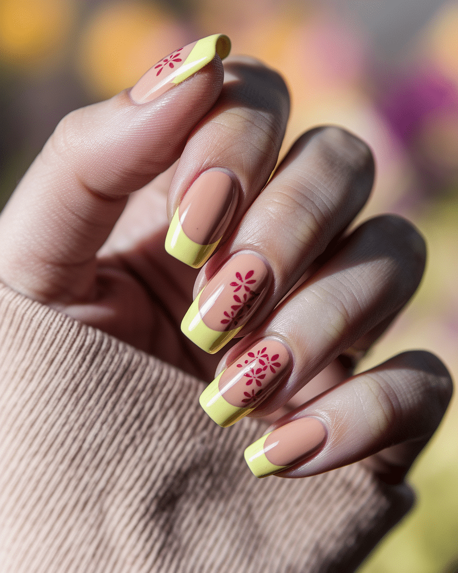 0012_2_a-close-up-photograph-of-a-beautiful-han_CWL4ToeDR1C0rHUDE8I1Aw_qy30a-5eSKmsIKedIXPt8Q Floral French Tips for Short Almond Nails: Elegant Yellow and Red Designs to Try